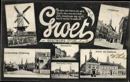 Ak Oostburg Zeeland, Straßenszenen, Straßen, Windmühle, Prot. und R.C. Kerk, Markt mit Rathaus...