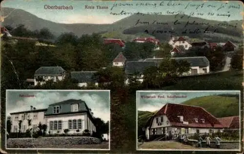 Ak Bourbach le Haut Oberburbach Elsass Haut Rhin, Schule, Panorama, Wirtschaft Ferd. Schuffenecker