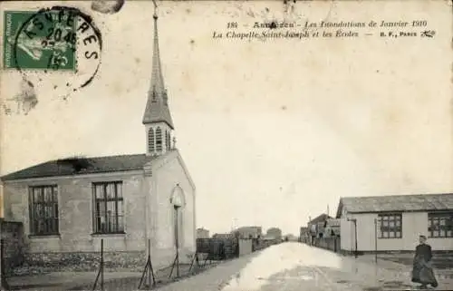Ak Asnières sur Seine Hauts-de-Seine, Chapelle Saint Joseph, Ecoles, Inondations de Janvier 1910