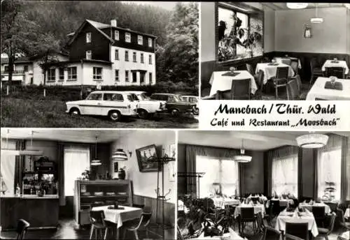Ak Manebach Ilmenau in Thüringen, Cafe und Restaurant Moosbach, Außenansicht, Innenräume