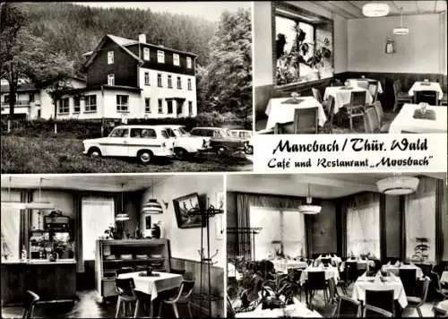 Ak Manebach Ilmenau in Thüringen, Cafe und Restaurant Moosbach, Außenansicht, Innenräume