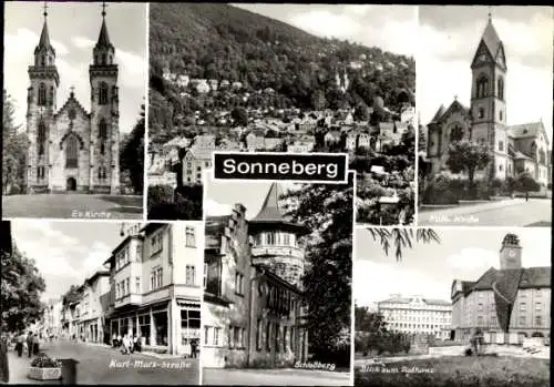 Ak Sonneberg in Thüringen, Ev. Kirche, Panorama, Kath. Kirche, Karl-Marx-Straße, Schlossberg