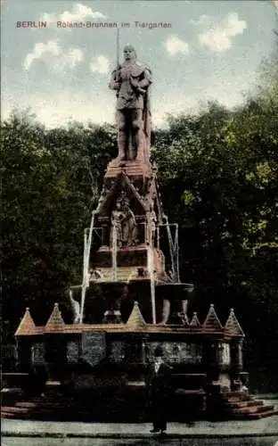 Ak Berlin Tiergarten, Roland-Brunnen im Tiergarten, ein Mann steht davor