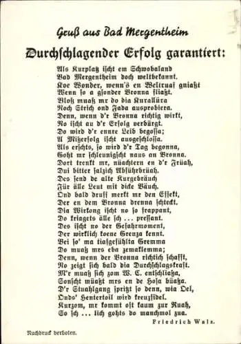 Ak Bad Mergentheim in Tauberfranken,  Kurort, Schwabenland, Heilbronn, Kocher, Tauber, Gedicht...