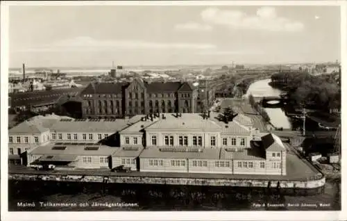 Ak Malmö Schweden, Blick auf Malmö Tullkammaren, Järnvägsstation, Kanal, Industrie