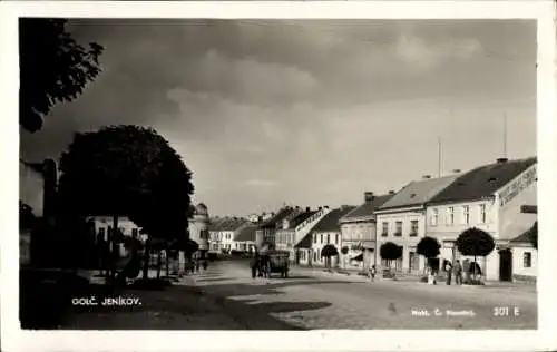 Ak Golčův Jeníkov Goltsch Jenikau Reg. Hochland, Straßenpartie, Pferdekarren