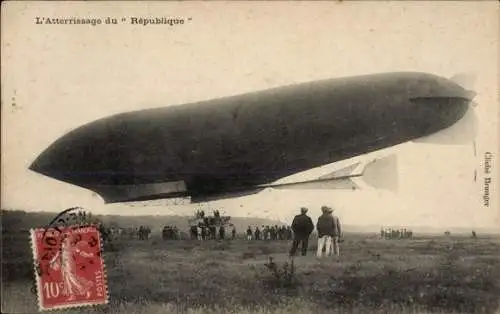 Ak Aerostation, L'Atterrissage du Dirigéable République, Französisches Luftschiff