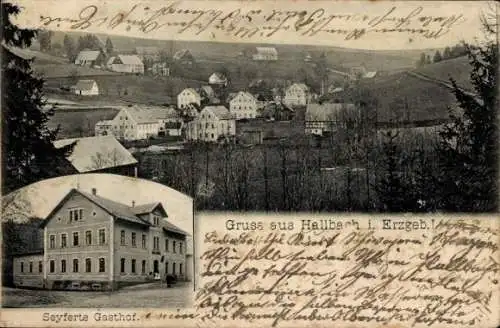 Ak Haselbach Olbernhau im Erzgebirge, Seyferte Gasthof, Landschaft mit Häusern, Waldgebiet