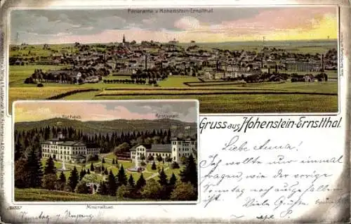 Litho Hohenstein Ernstthal Landkreis Zwickau, Panorama, Mineralbad, Kurhaus, Restaurant