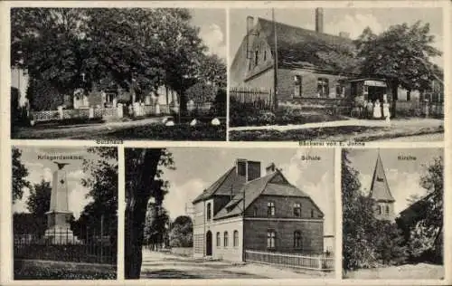 Ak Rychnów Richnow Ostbrandenburg, Kriegerdenkmal, Schule, Kirche, Gutshaus, Bäckerei von E. Johne