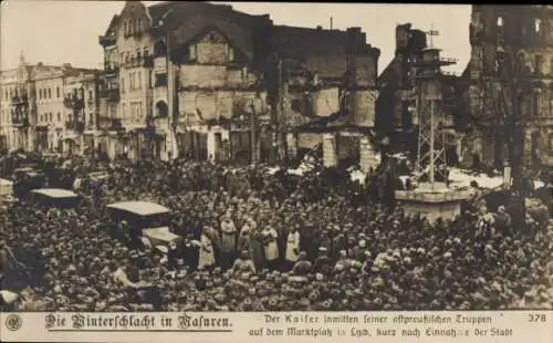 Ak Ełk Lyck Masuren Ostpreußen, Winterschlacht in Masuren, Kaiser, preußische Truppen, Marktplatz