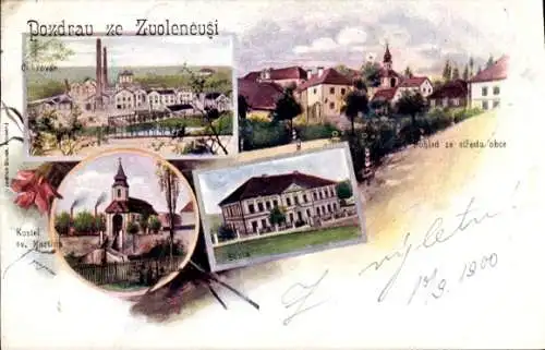 Ak Zvoleněves Mittelböhmen, Panorama, Kostel Sv. Martin, Schule