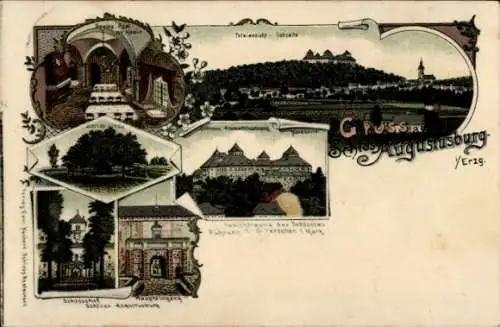 Litho Augustusburg im Erzgebirge, Totalansicht, Schloss, Linde