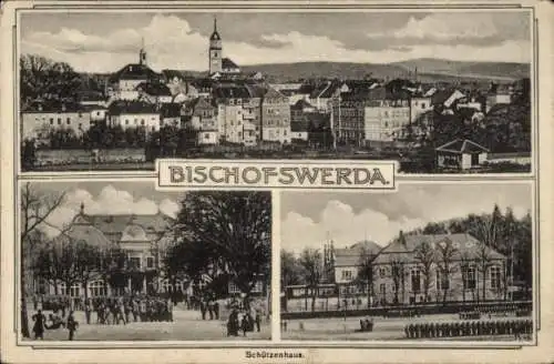 Ak Bischofswerda in Sachsen, Stadtansicht, Schützenhaus, Menschenansammlung, militärisches Geb...