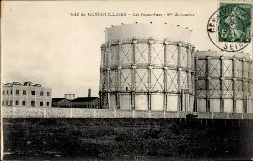 Ak Gennevilliers Hauts de Seine, Gasometer, hohe Gasbehälter, Fabrikgebäude, industrielle Arch...