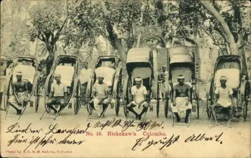 Ak Colombo Ceylon Sri Lanka, Rickshaws, Männer, Bäume, Foto von S. D. H. M. Sadoon