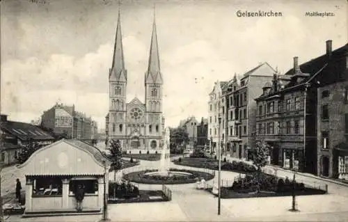 Ak Gelsenkirchen im Ruhrgebiet, Moltkeplatz, Kirche, Springbrunnen, Kiosk