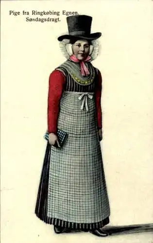 Ak Pige fra Ringkøbing Egnen, Søndagsdragt, Frau in Tracht