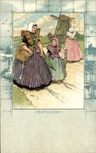 Litho Terneuzen Zeeland Niederlande, Windmühle, Volkstrachten