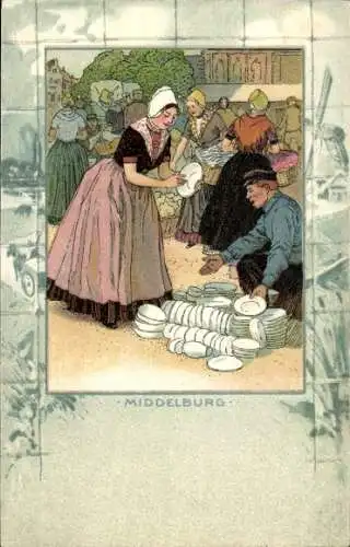 Litho Middelburg Zeeland Niederlande, Bauernmarkt, Frauen in Tracht