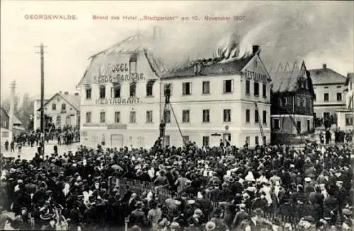 Ak Jiříkov Georgswalde Reg. Aussig, Der Brand des Hotel Stadtgericht, 10. November 1907