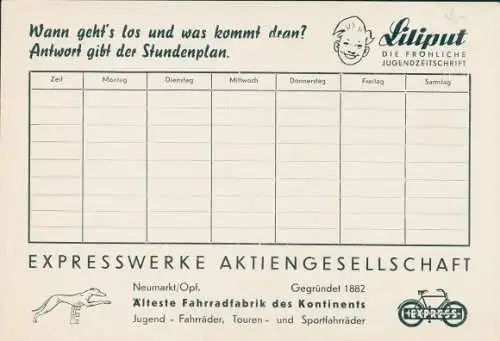 Stundenplan Fahrrad Expresswerke AG, Neumarkt Oberpfalz. Liliput Jugendzeitschrift um 1960