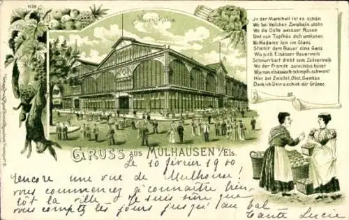 Ak Mulhouse Mülhausen Elsass Haut Rhin, Markthalle, Elsässer Bauerweib, Zwiebel, Obst, Gemüse,...