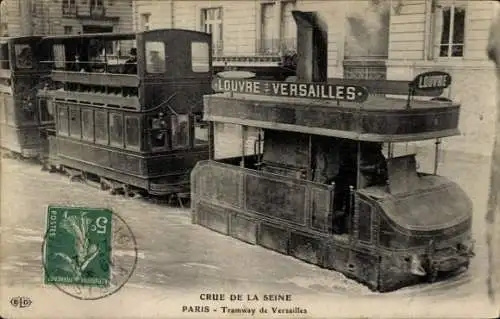 Ak Paris, Hochwasser der Seine, Straßenbahn Louvre Versailles, Dampfstraßenbahn