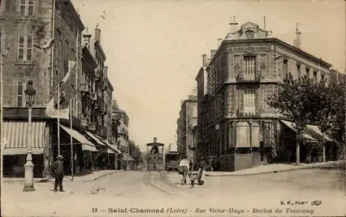 Ak Saint Chamond Loire, Rue Victor-Hugo, Station du Tramway