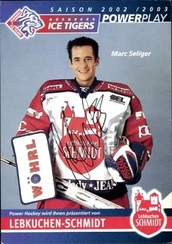 Autogrammkarte Eishockeyspieler Marc Seliger, Nürnberg Ice Tigers, Saison 2002/2003, Autogramm