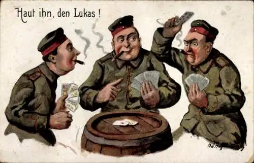 Künstler Ak Hoffmann, Ad., Haut ihn, den Lukas, Soldaten spielen Skat