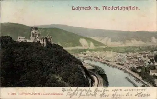 Ak Oberlahnstein Lahnstein am Rhein, Burg Lahneck, Panorama, Niederlahnstein