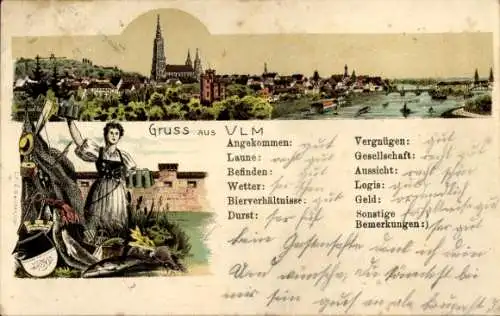 Wappen Litho Ulm an der Donau Baden Württemberg, Panorama der Stadt, Frau mit Bierkrügen, Fische