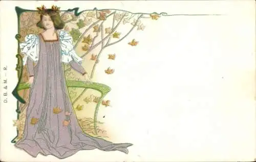 Jugendstil Litho Frau mit fallenden Blättern, Herbst