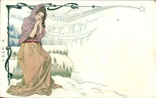 Jugendstil Litho Frau mit Kopftuch in vereister Landschaft, Winter