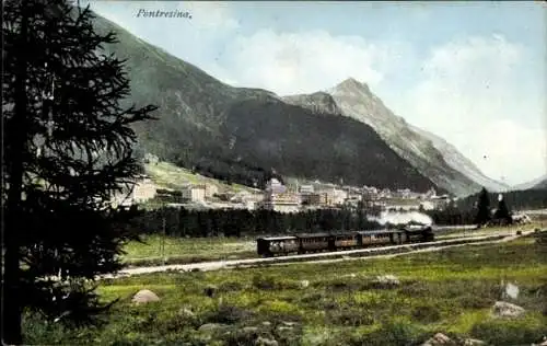 Ak Pontresina Kanton Graubünden Schweiz, Gesamtansicht, Eisenbahn