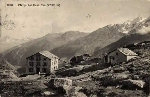 Ak Saas Fee Kanton Wallis, Gesamtansicht, Plattje