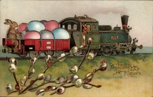 Ak Glückwunsch Ostern, Eisenbahn, Ostereier, Osterhase, Weidenkätzchen