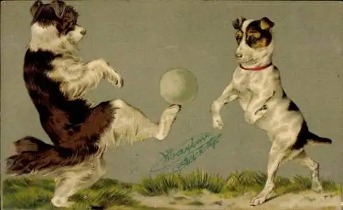 Litho Zwei Hunde spielen Fußball, Terrier