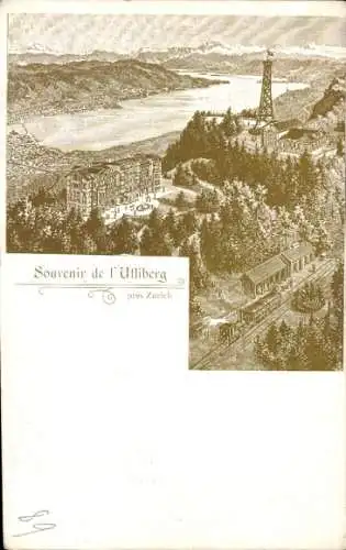 Litho Zürich Stadt Schweiz, Utliberg, Hotel, Gastwirtschaft und Aussichtsturm, Bahnstation