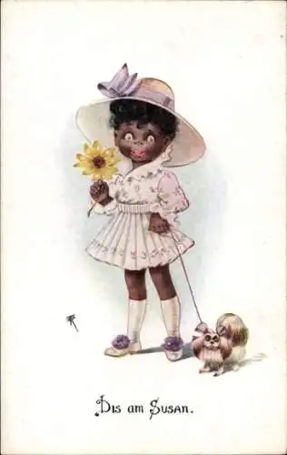 Künstler Ak Mädchen mit Hund, Porträt, Blume, Hut