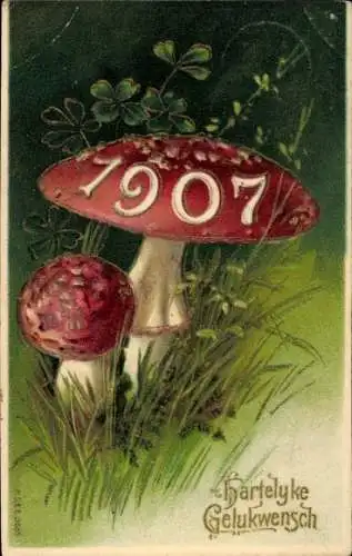 Präge Ak Glückwunsch Neujahr, Fliegenpilz, 1907