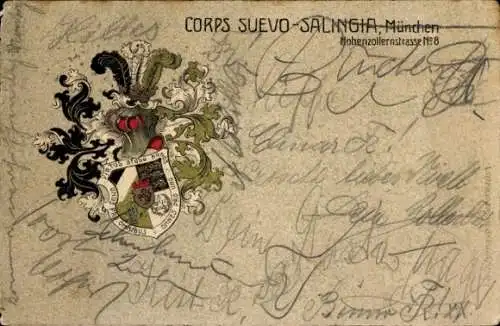 Studentika Ak München, Corps Suevo Salingia, Hohenzollernstraße 8, Wappen, RSC