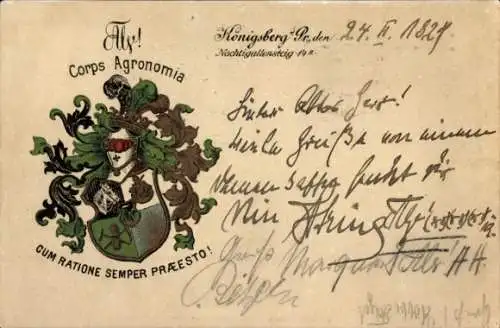 Studentika Ak Königsberg Ostpreußen, Corps Agronomia, Nachtigallensteig 14 II, Wappen, RSC