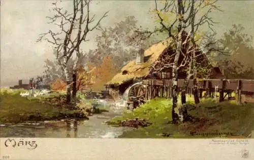 Künstler Ak Allegorie, Monat März, Wassermühle, Fluss