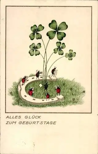 Künstler Ak Glück zum Geburtstag, Kleeblatt, Hufeisen