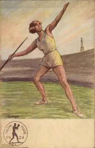 Künstler Ak Hofer, G., Olympia 1928, Speerwurf, Deutscher Reichsausschuss für Leibesübungen