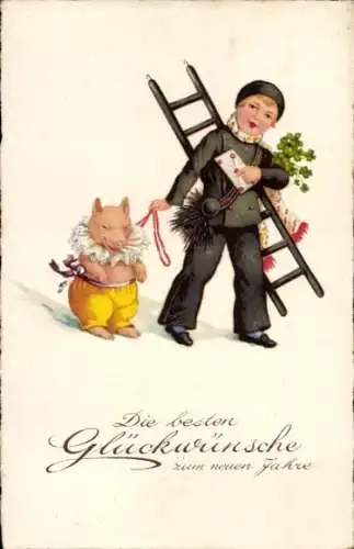 Litho Neujahr, Schornsteinfeger, Schwein