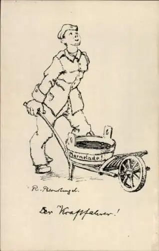 Künstler Ak Birnstengel, R., Kraftfahrer, Soldat mit Schubkarre, Marmelade