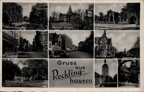 Ak Recklinghausen im Ruhrgebiet, Hindenburgpark, Schwanenteich, Rathausanlagen, Kunibertstraße...